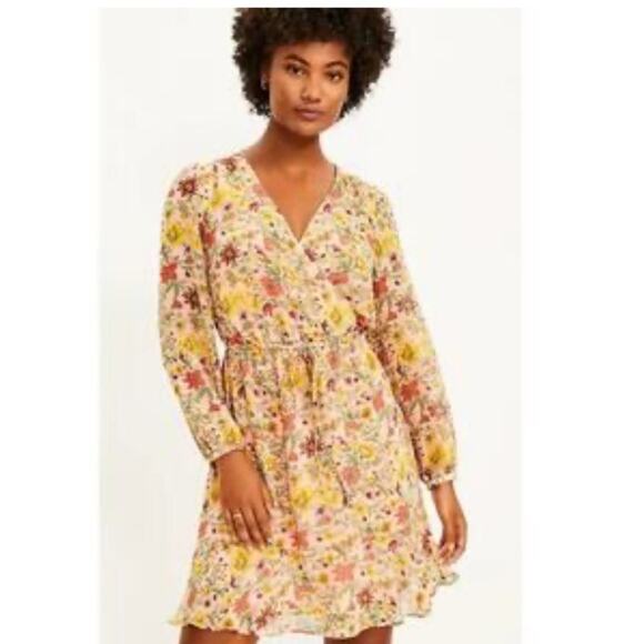 Loft Long Sleeve Floral Wrap Mini Dress Pink Fall Wedding Guest XS - Picture 2 of 8